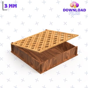 Può includere: Una scatola di legno con un coperchio a motivo geometrico. Il coperchio è aperto e la scatola è in legno con una finitura naturale.
