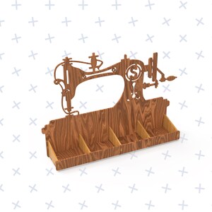 Puede incluir: Organizador de madera con forma de m&aacute;quina de coser con cuatro compartimentos. El organizador est&aacute; hecho de madera marr&oacute;n con un patr&oacute;n de veta de madera.