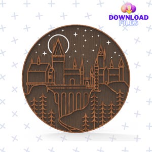May include: A dark brown wooden round sign with a white outline of a castle with a moon and stars in the background. The castle has a bridge and towers. The sign is perfect for a Harry Potter fan.