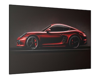 Porsche Cayman Wall Art Canvas - Deep Red Hue and Black Background