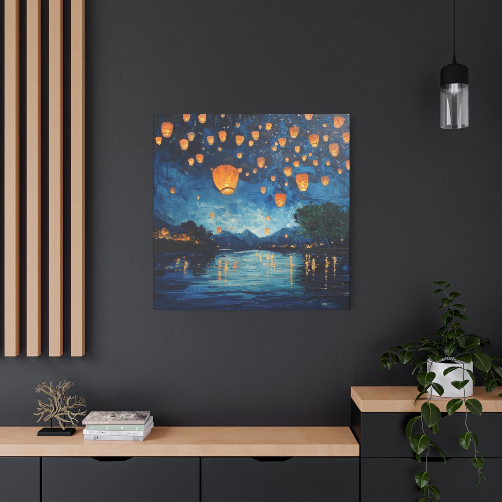 魔法の夜のランタンフェスティバルの絵画 - 星空と水に浮かぶランタン