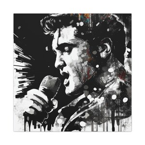 Elvis Painting in black and white - abstract wall art depicting Elvis Presley singing into microphone on square canvas