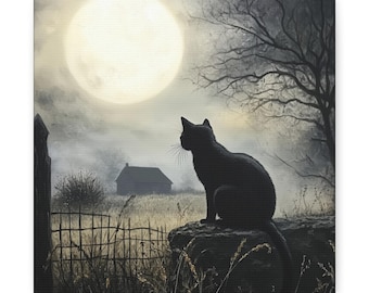 May include: A black cat sits on a stone wall, looking out at a foggy field with a small house in the distance. A large, bright moon hangs in the sky.