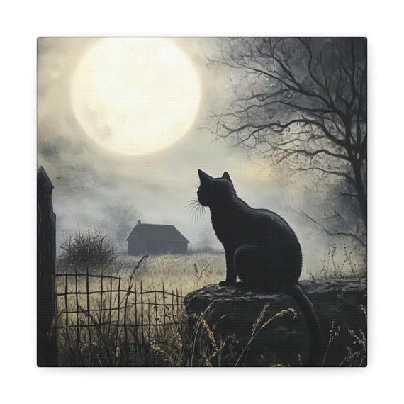 黒猫の風景画 黒猫の壁アート ハロウィン装飾 ゴシックアート ダークアカデミア 幽霊
