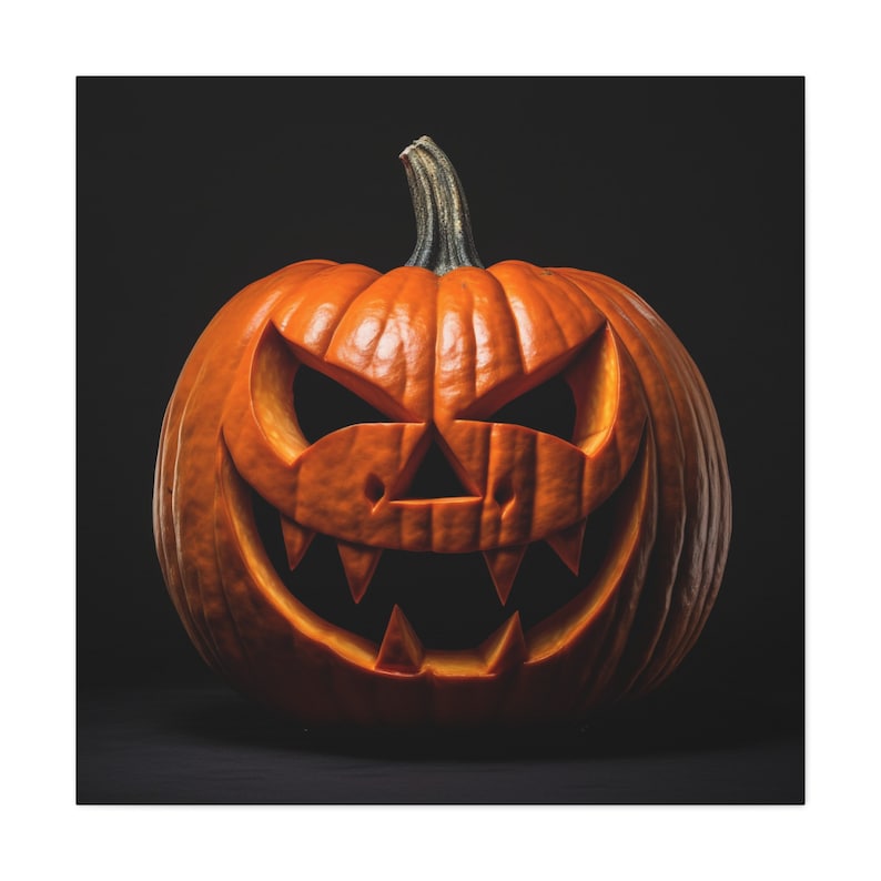 Jack o'-lantern pumpkin painting - photo of carved pumpkin on black background. Creepy. image 1