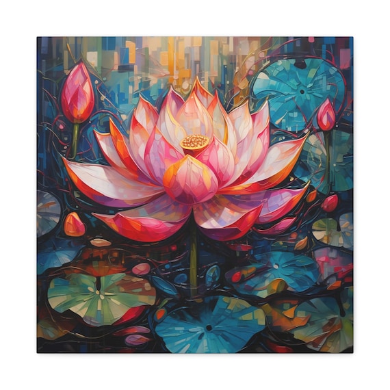 蓮の壁アート - 蓮の花の絵、ピンクの蓮の抽象画。キャンバスに印刷