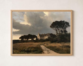 European Manor, Horizontal Brown Green Printable Wall Art, Country Estate Landscape Painting