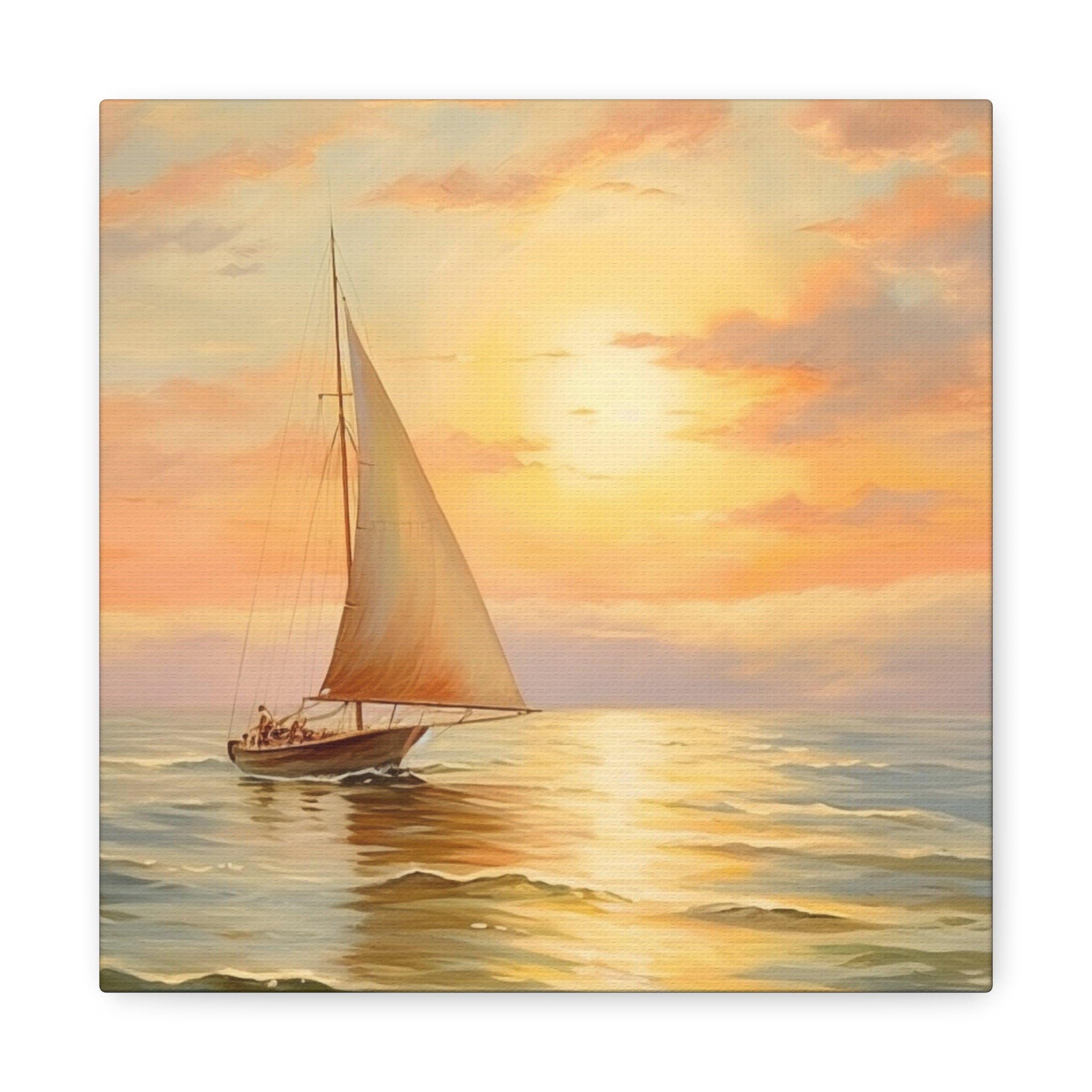 帆船の絵画、海岸の壁画 - 夕日に近づく海上の孤独な帆船、帆船の壁画