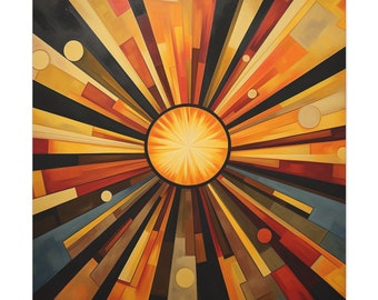 Pittura Sunburst - Pittura in stile Art Déco di Sunburst su tela quadrata, arte da parete Sunburst