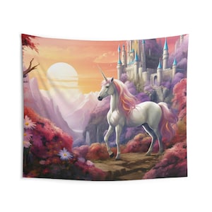 Unicorn Tapestry - fantasy landscape tapestry of unicorn surrounded by forest, waterfalls and castle in the background