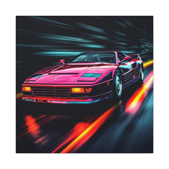 Ferrari フェラーリ 512TR テスタロッサ 額装 油絵 絵画 跳ね馬 Red Ferrari Wall Art - Ferrari Testarossa Speeding Through a Scene