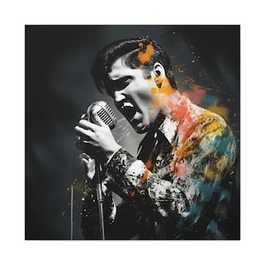 Elvis Painting - abstract wall art depicting Elvis Presley singing into microphone on square canvas