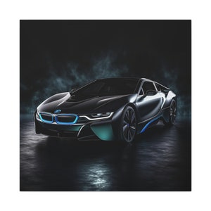 i8 BMW Wall Art - realistic BMW painting on black background on square canvas