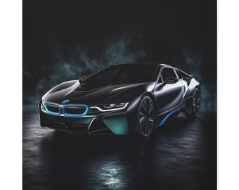 May include: A sleek, black sports car with blue accents and a blue and white BMW logo on the front. The car is parked on a dark surface with a smoky background.