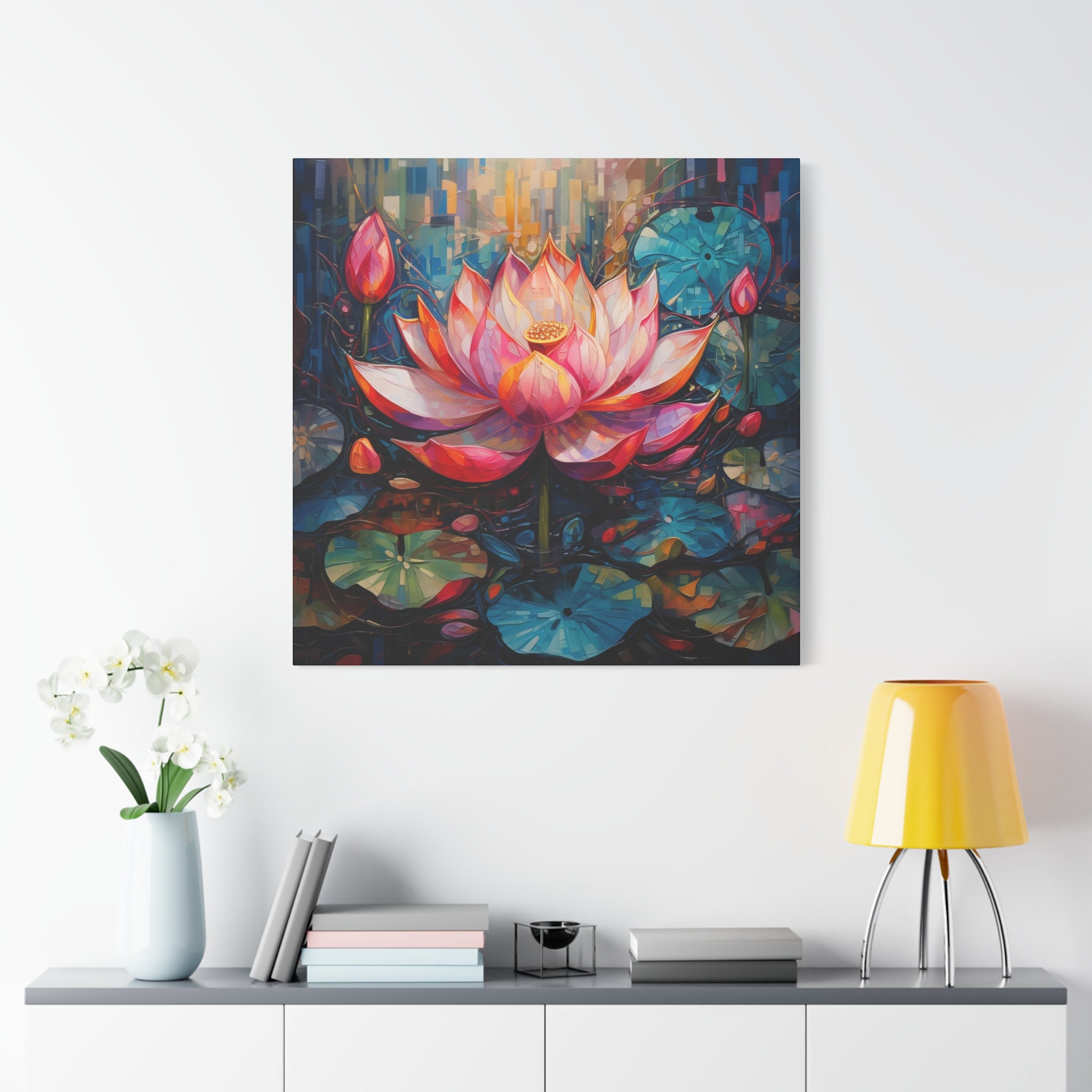 蓮の壁アート - 蓮の花の絵、ピンクの蓮の抽象画。キャンバスに印刷