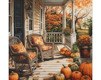 Autumn Painting - fall painting wall art depicting a country house porch adorned with pumpkins as the leaves change.