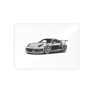Black and White Sketch Porsche Wall Art - front side view on glossy paper