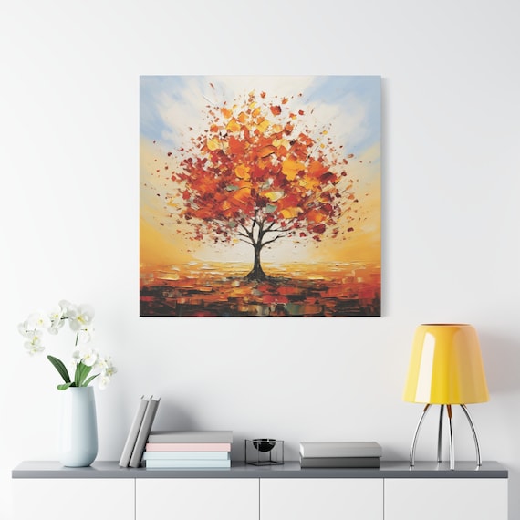 秋の木の絵 - 葉が変わる一本の木を描いた抽象画 - Etsy 日本