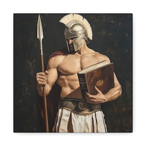 Masculine Painting, Spartan Soldier with Spear and Book, Warrior Wall Art, Man Cave Decor, Historical Art, Gift for Him, Greek Myth Decor