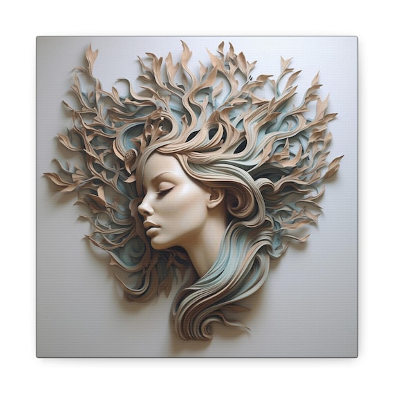 立体ウォールアート - 女性の横顔、自然を描いた3D絵画 - キャンバス