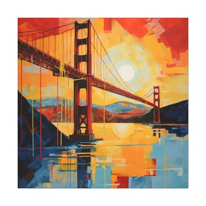 Golden Gate Bridge Abstract Painting - Sun setting behind the Golden Gate Bridge. Golden Gate Bridge wall art.
