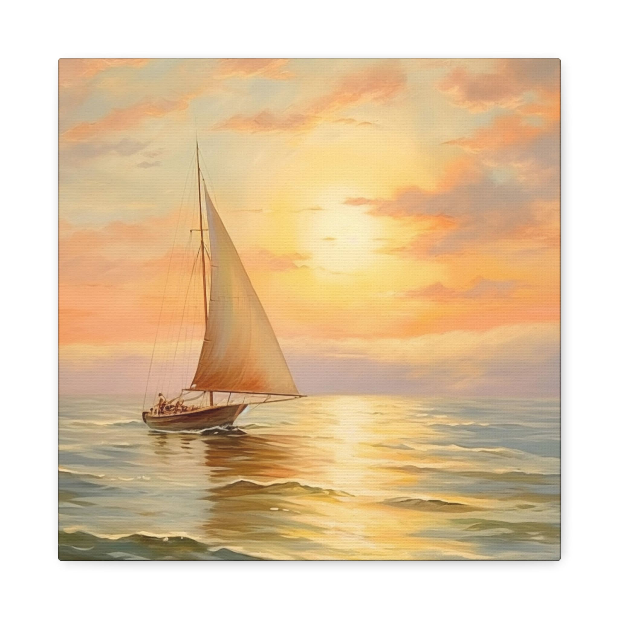 帆船の絵画、海岸の壁画 - 夕日に近づく海上の孤独な帆船、帆船の壁画