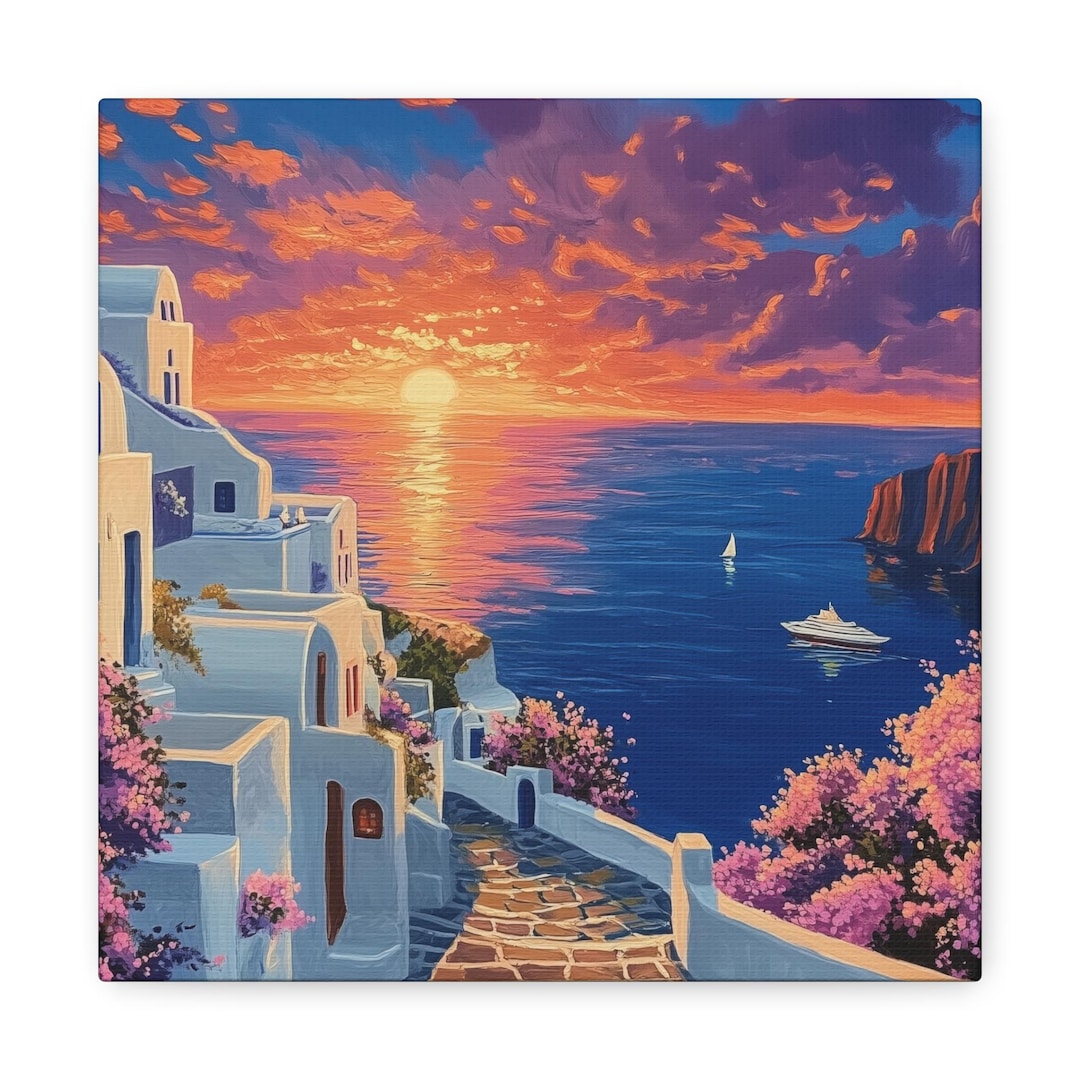 Sunset in Santorini Painting Canvas Print - Greek Street Art Print ...