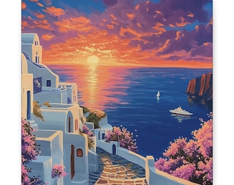 Impression de toile de peinture de coucher du soleil à Santorin - impression d'art de rue grec, affiche d'art méditerranéen, décoration d'oeuvre d'art de mer