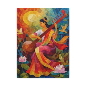 May include: A vibrant painting depicts a woman playing a stringed instrument, set against a colorful geometric background. The artwork features a warm color palette with shades of red, orange, and yellow, and includes lotus flowers and birds.