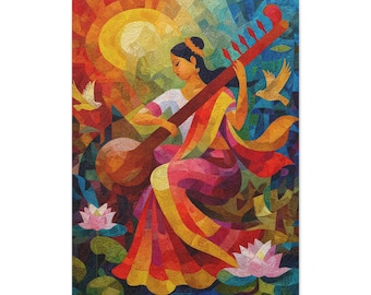 Saraswati Painting, Saraswati Goddess Wall Decor, Abstract Stained Glass Mosaic Painting, Meditation Yoga Studio Decor, Indian Painting