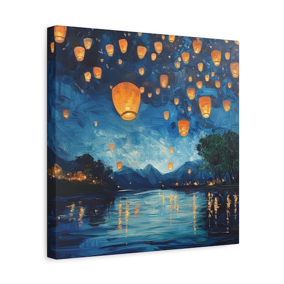 魔法の夜のランタンフェスティバルの絵画 - 星空と水に浮かぶランタン