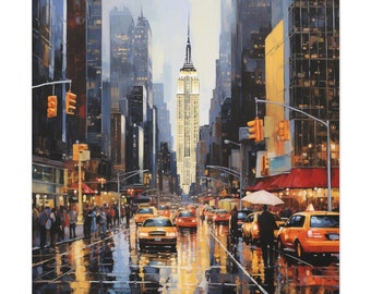 New York City Painting - New York City street with the Empire State Building lit up in the distance, NYC wall art