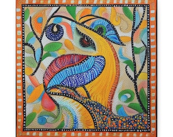 Madhubani Painting, Canvas Wall Art, Madhubani Stylized Bird Painting, Indian, Yellow Blue Red Green Orange, Matte Stretched Print