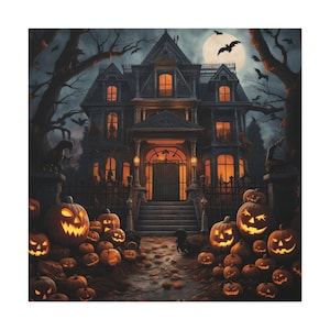 The Haunted House Halloween painting - abstract Halloween wall art depicting a haunted house with jack o&#39;lanterns inviting you in.