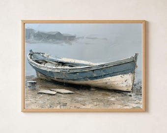 Vintage Beached Dory, Horizontal Blue Beige Coastal Oil Painting Printable