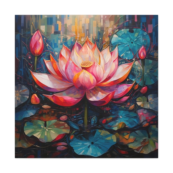 蓮の壁アート - 蓮の花の絵、ピンクの蓮の抽象画。キャンバスに印刷