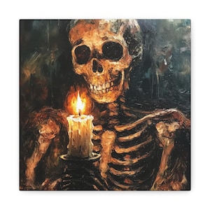 Skeleton Holding A Candle Wall Art Halloween Decor Gothic Art Dark Academia Haunting Ghost Vintage Oil Painting Printed Canvas