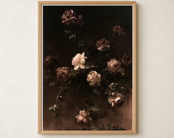 Dark Floral Urn, Vertical Pink Brown Printable Wall Art, Moody Rose Bouquet Painting