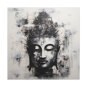 Buddha Painting - Expressionist painting of the Buddha face - black and white on canvas