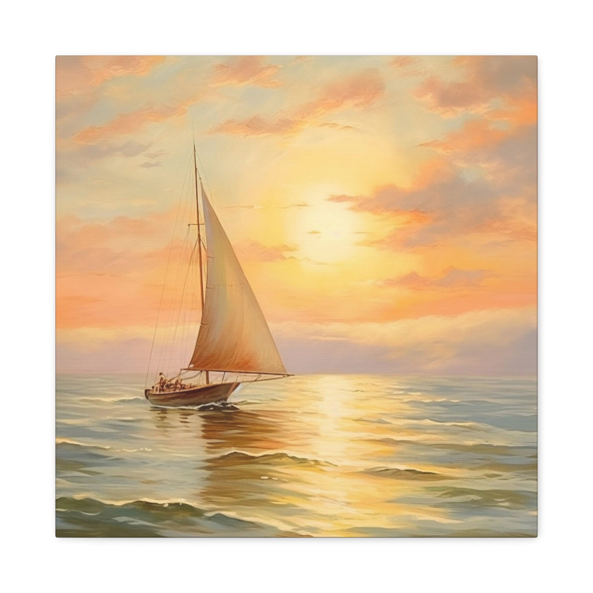 帆船の絵画、海岸の壁画 - 夕日に近づく海上の孤独な帆船、帆船の壁画