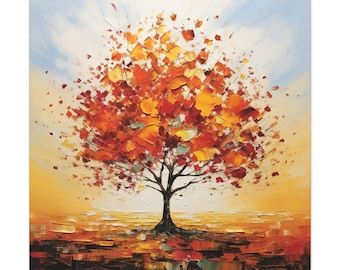 Autumn Tree Painting - abstract painting of a single tree with leaves changing