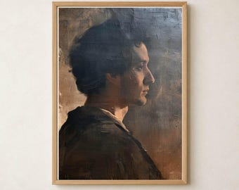 Gentleman Profile, Vertical Brown Blue Printable Wall Art, Old World Portrait Painting