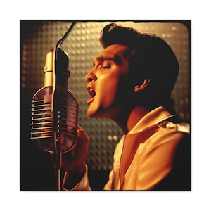 Elvis Painting - realistic Elvis wall art depicting Elvis Presley singing into microphone in studio on square canvas