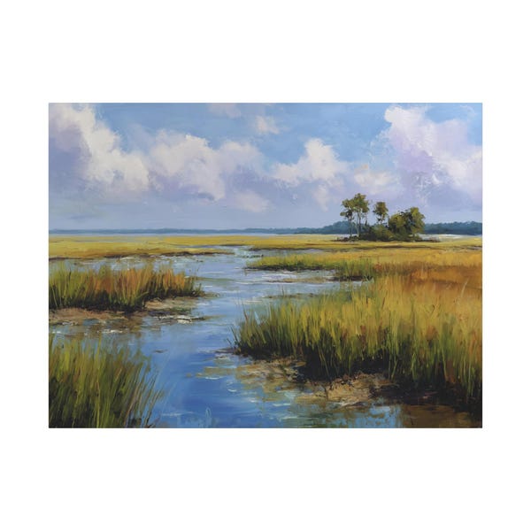 Marsh Painting, Marshland Coastal Wall Decor, Canvas Art, Lowcountry Landscape Painting, Blue Waters, Tranquil Horizon, Southern Charm