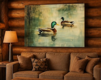 Canvas muurkunst, schilderij met wilde eend voor natuurliefhebbers en op de natuur geïnspireerde interieurs. Rustiek huisdecor, jachthuisdecor, aan het meer
