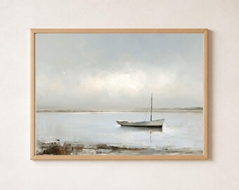 Coastal Sailboat, Horizontal Blue Beige Nautical Oil Painting Printable