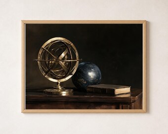 Armillary Sphere, Horizontal Gold Blue Printable Wall Art, Vintage Inspired Astronomy Painting