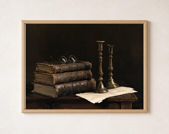 Library Still Life, Horizontal Brown Gold Printable Wall Art, Leather Books Painting