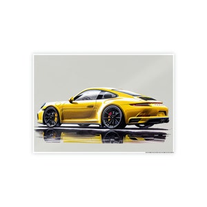 Déco murale Porsche jaune - fond gris sur papier glacé