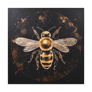 Honey Bee Art - honey bee painting, honey bee wall art, gold on black canvas, Kitchen Wall Art